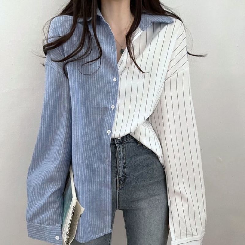 the republic of korea Autumn By age Retro A small minority Sense of design Hit color leisure time stripe Mosaic shirt jacket Europe and America