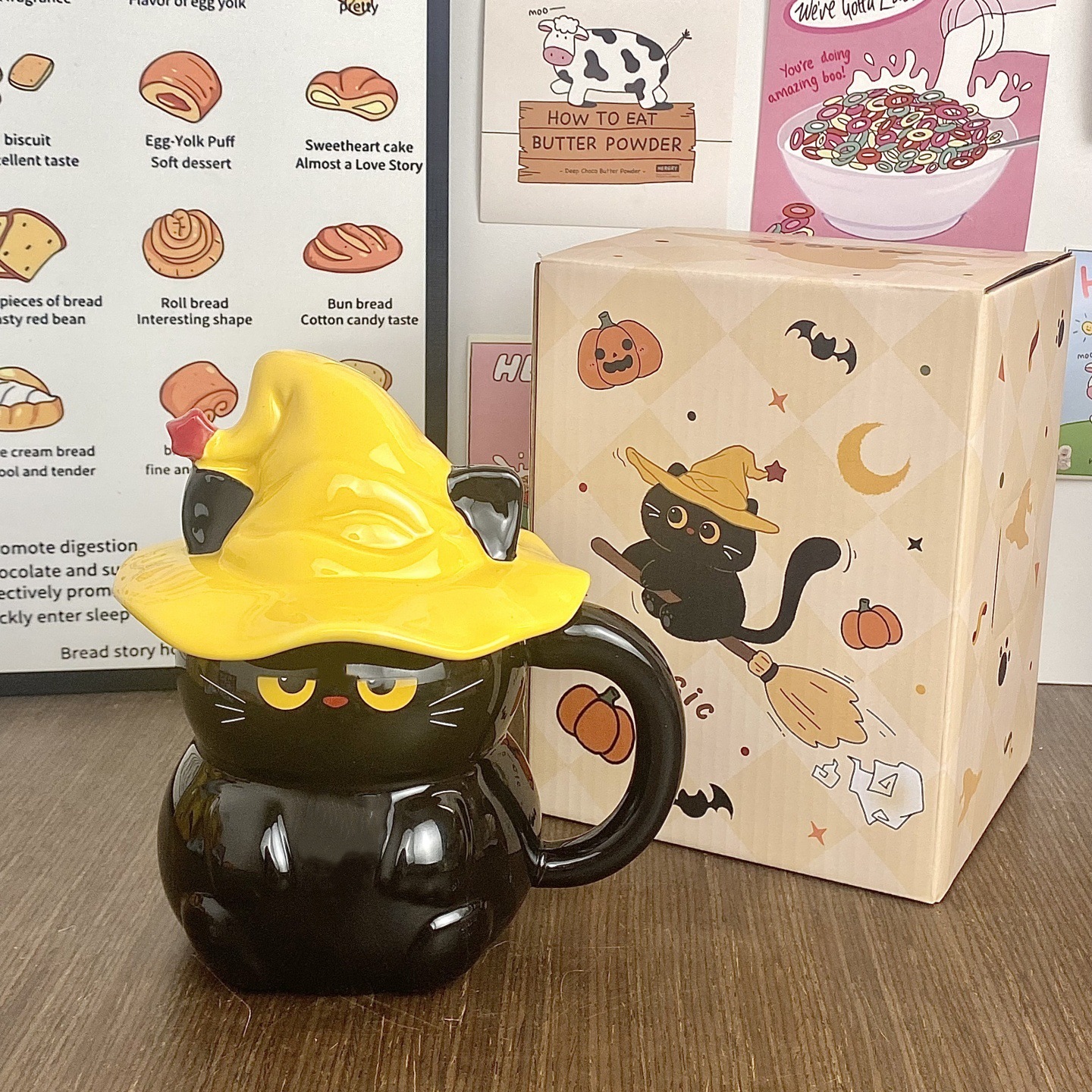Personalidad creativa sombrero mágico gato taza de Halloween fantasma taza de cerámica de dibujos animados encantadora copas de agua