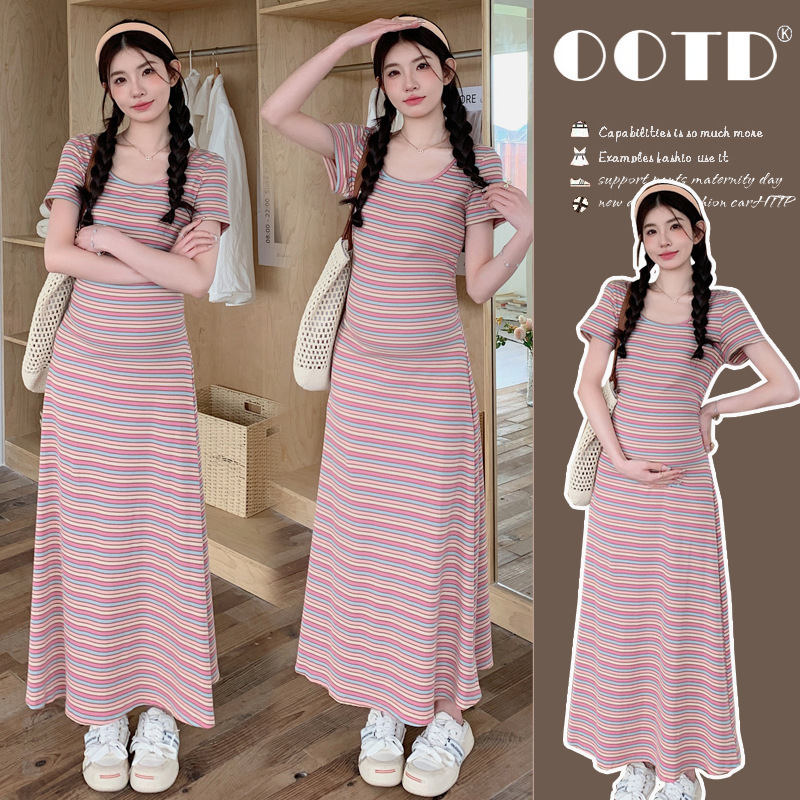 2026 Summer Maternity Striped Knitted Dress Slim Fit Long Elastic Gentle Style Pregnant Mom Elegant Long Dress 2026 Summer Maternity Striped Knitted Dress Slim Fit Long Elastic Gentle Style Pregnant Mom Elegant Long Dress