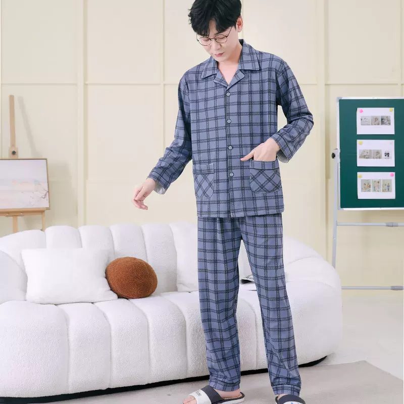 时尚翻领男士春秋季双长睡衣舒适柔软薄款开衫长袖家居服套装