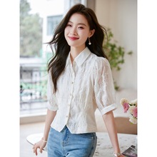 轻奢百搭天丝雪纺衬衫女2024年夏季法式镂空小衫泡泡袖翻领上衣