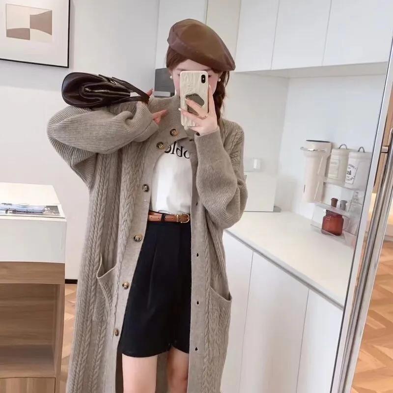 中长款过膝针织麻花毛衣宽松加厚秋冬新款慵懒开衫外套单排扣大衣