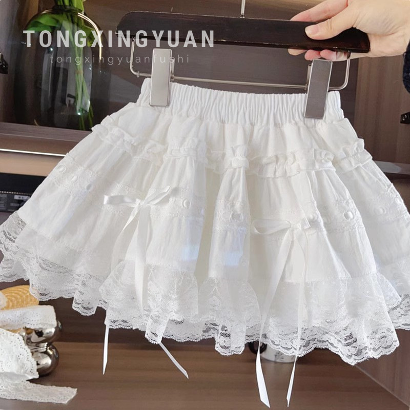 Niñas de verano blanco delgado vestido de pastel de algodón primavera y verano nuevo niño encaje de malla falda de hadas falda corta