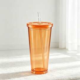 双层隔热不冰手塑料吸管奶茶杯 650ml 夏日长期持握冷饮不冻手
