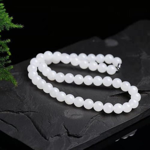 Xinjiang Hotan Mutton Fat White Gold Silk Jade Women's Ball Bead Necklace Jade Jade Necklace Manufacturer Live Welfare Model