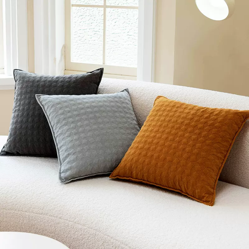格子绗缝抱枕套磨砂绒提花靠垫套立体方块沙发北欧简约靠背套代发