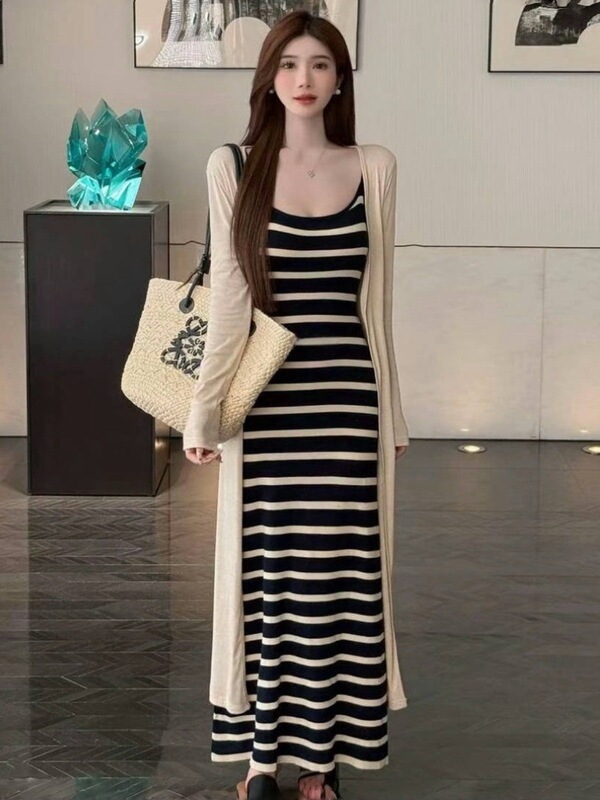 French-Style Color-Block Striped Suspender Dress with Sun-Protective Cardigan Set, New Autumn Vacation Style, Elegant Slim-Fit Long Dress French-Style Color-Block Striped Suspender Dress with Sun-Protective Cardigan Set, New Autumn Vacation Style, Elegant Slim-Fit Long Dress