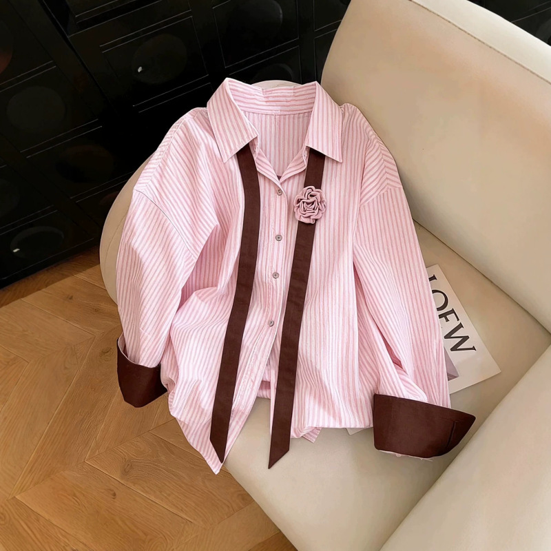 2026 Spring/Summer new collection: pink striped shirt for women, featuring a unique design with three-dimensional floral embellishments and flowing ribbons, in a loose, long-sleeved style