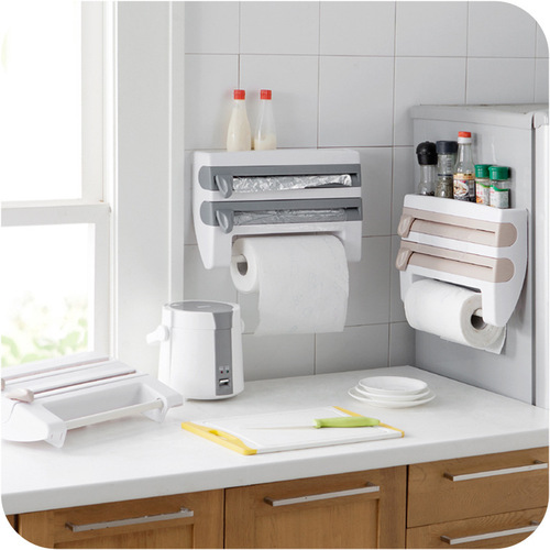 Multifunctional Food Wrap Cutter Wall-mounted Kitchen Paper Towel Holder Sliding Knife Foil Cutter Dividing Box Storage Shelf