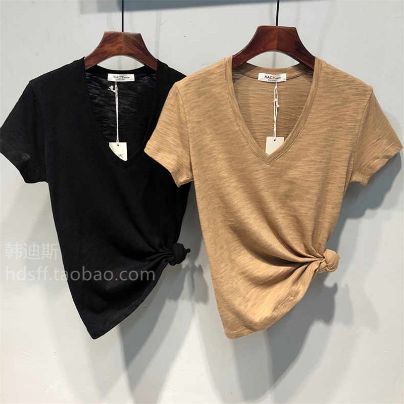 2422 [bamboo cotton] 2023 summer solid color deep V-neck Joker cotton short sleeve T-shirt top women's casual Joker