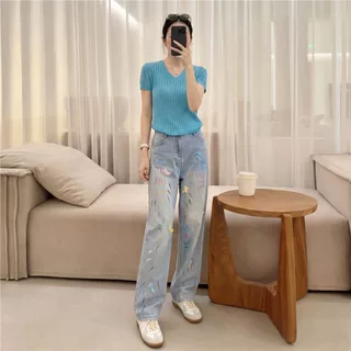 深圳南油2026夏天韩系减龄显瘦绝美漂亮短袖涂鸦牛仔裤两件套女