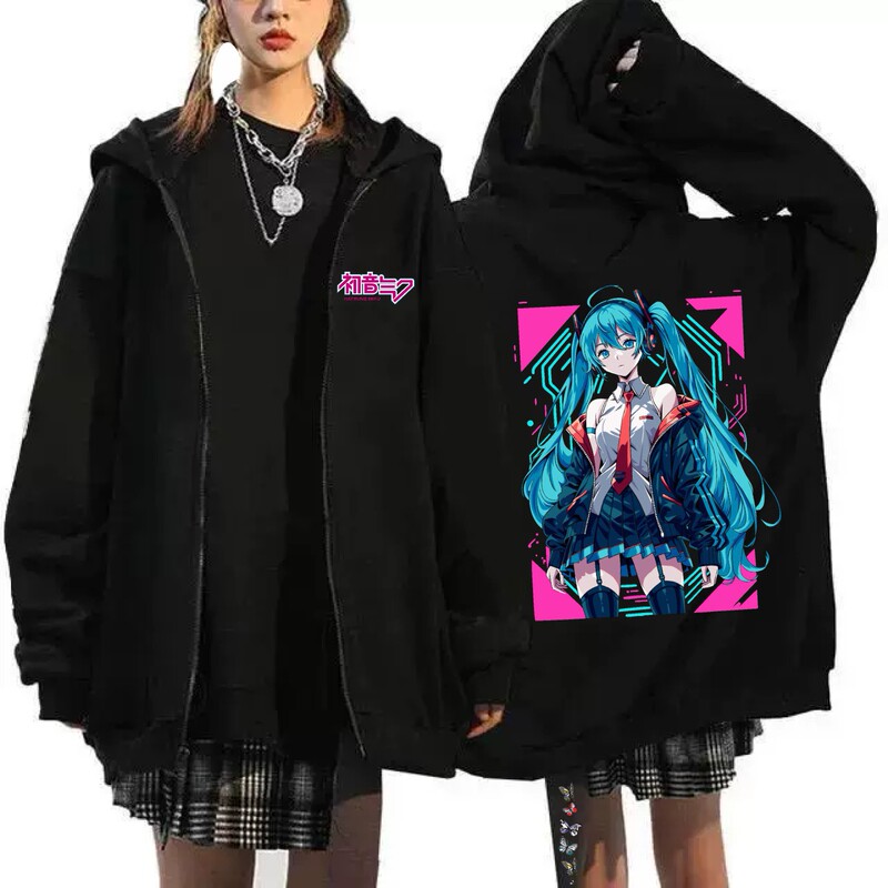 Hatsune Miku Export Casual Men's European and American Black Loose Printed Zipper