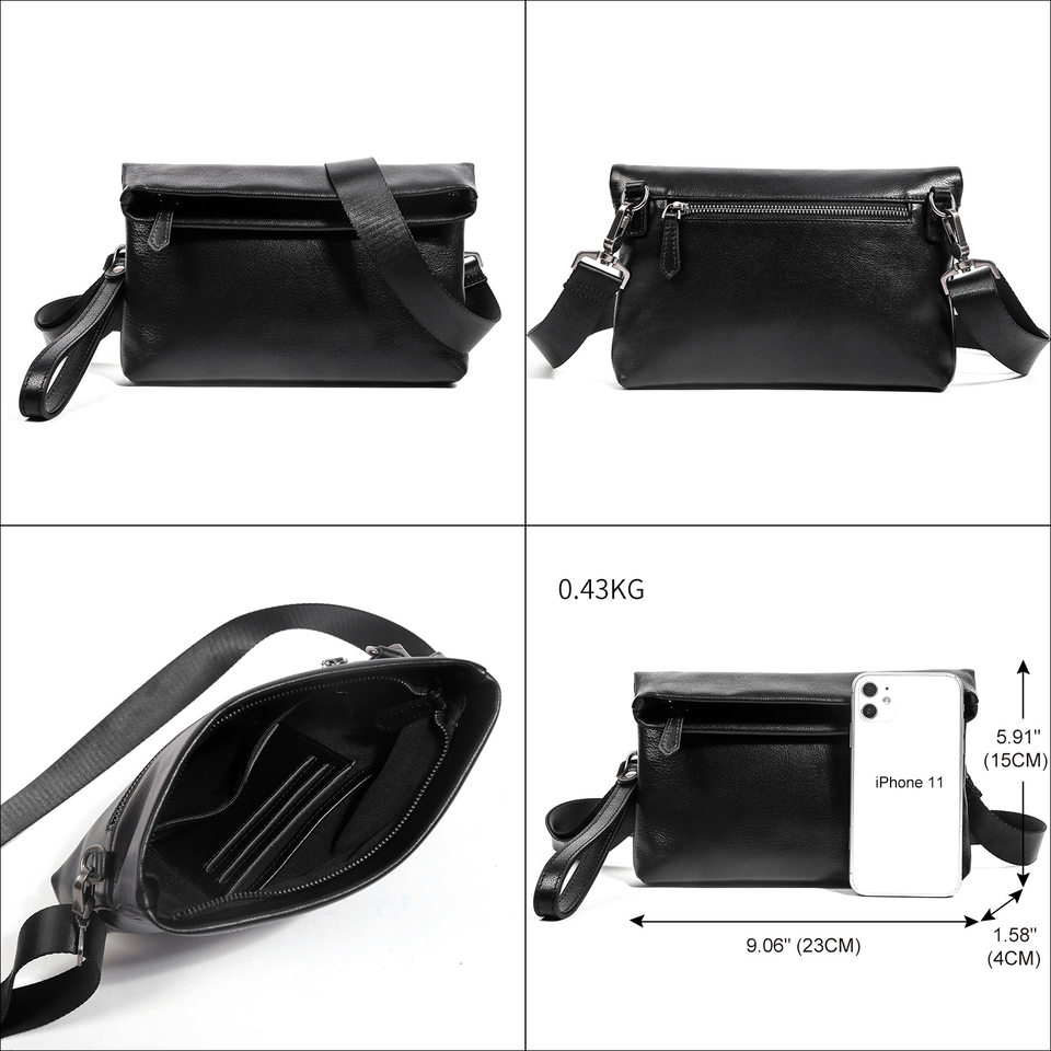 Túi đeo chéo nam da bò thật Malute mềm mại, kiêm túi clutch cầm tay, chống thấm nước — Màu đen