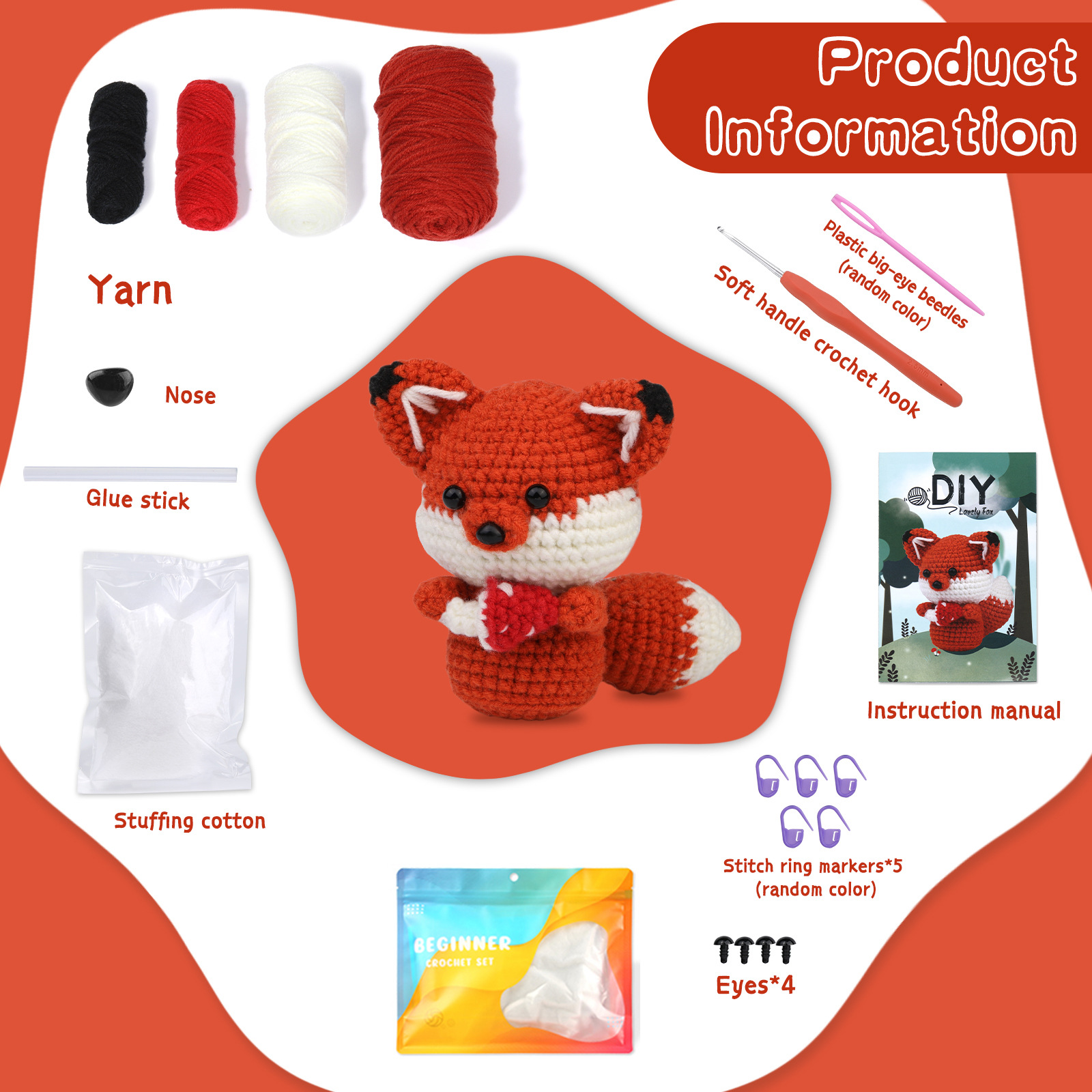 Unisex same style handmade DIY crochet wool knitted red fox doll material package_voghion.com
