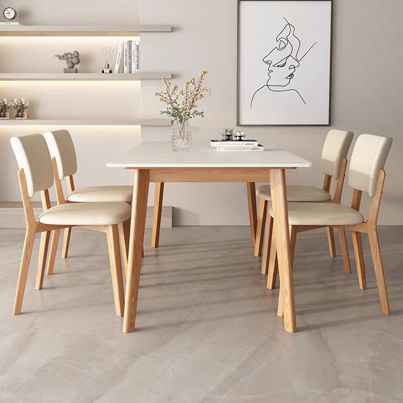 實木餐桌奶油風家用小戶型現代簡約白色岩板飯桌長方形餐桌椅組合