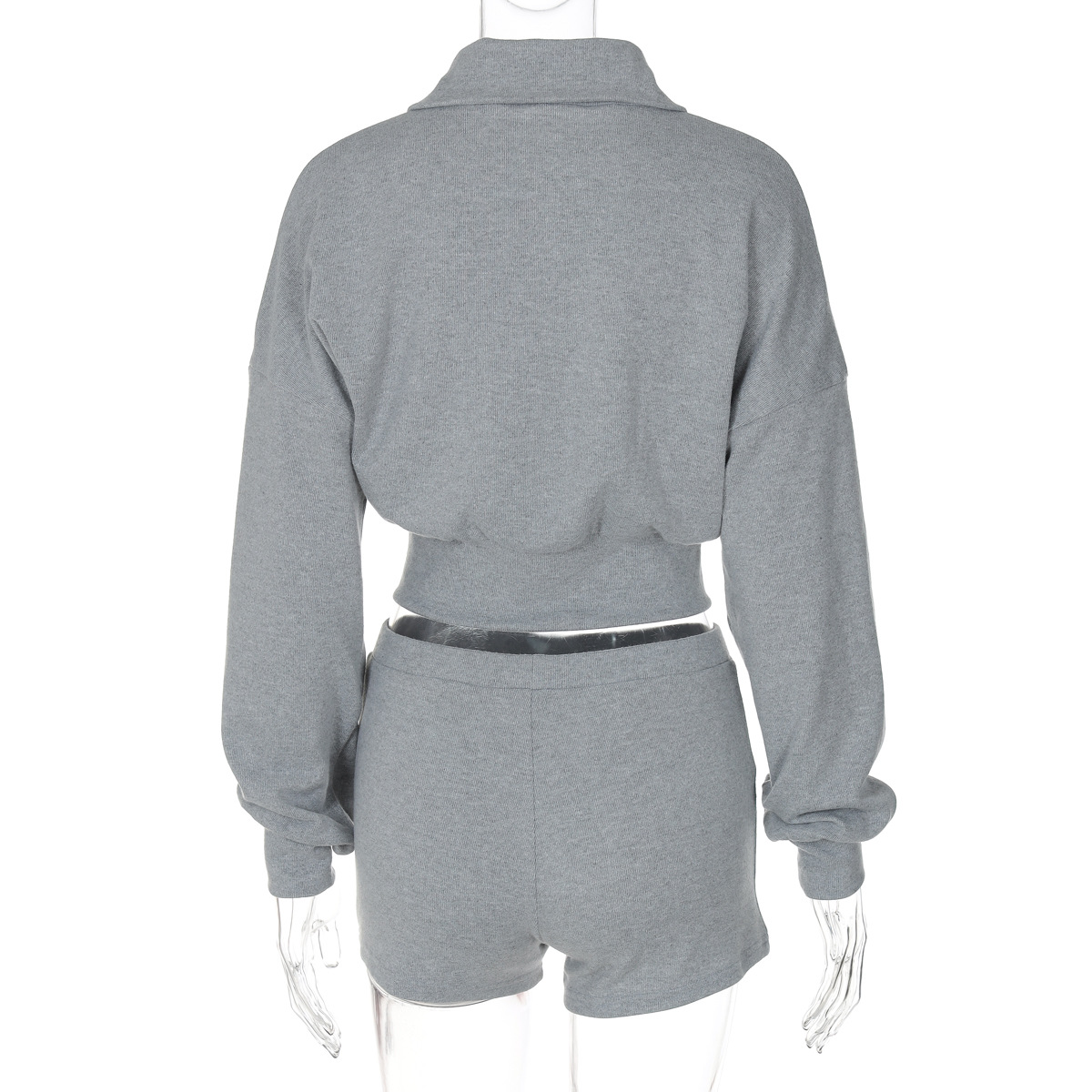 Women Autumn Polo Collar Long Sleeve Zipper Cardigan Sweater Ultra Short Tight Shorts Suit