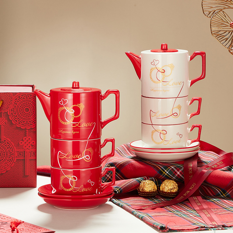 INS pareja flor juego de té regalo de boda chapado en oro taza de café tetera de cerámica taza de agua caja de regalo de boda traje