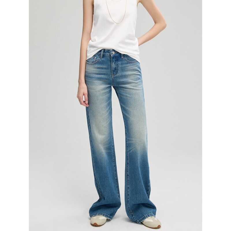 【High Quality】2026 Women's Jeans All-Cotton Low-Waist Heavy Distressed Washed Slim Leg Narrow Straight Pants