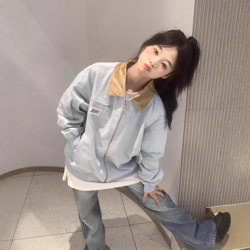 美式复古撞色翻领外套女春秋2025新款休闲宽松情侣开衫夹克棒球服|undefined