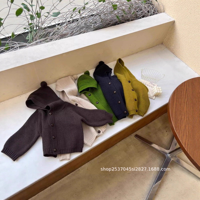 Korean Children's Elf-Like Pom-Pom Hooded Knit Sweater for Spring and Autumn, Stylish Cardigan Jacket for Boys and Girls