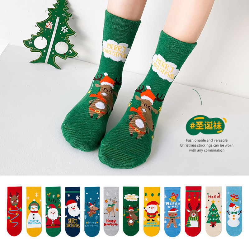 Christmas children's socks autumn and winter new cotton tube socks cartoon boys cute girls red warm baby