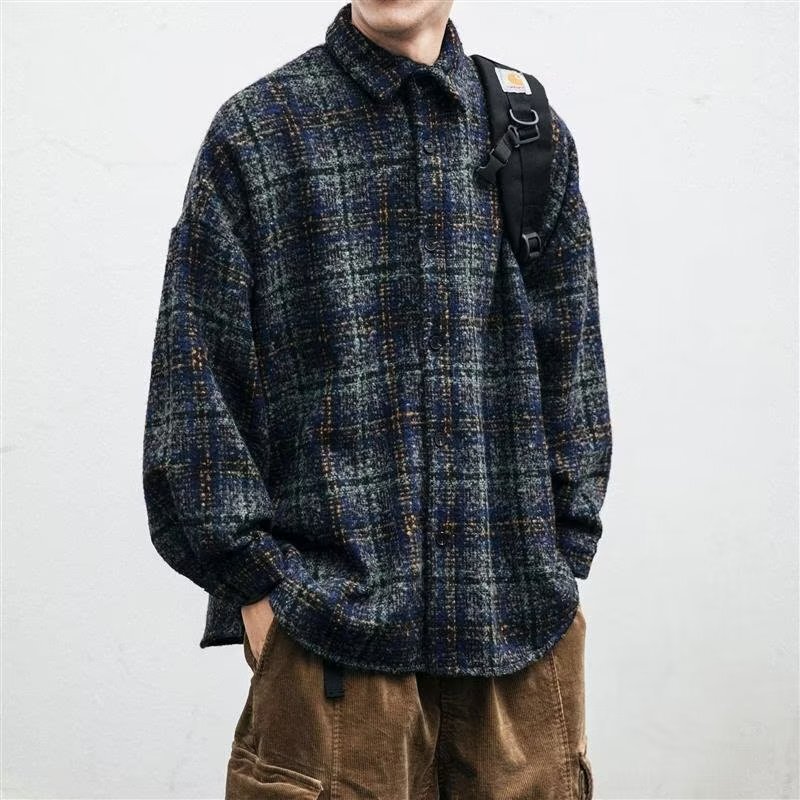 Autumn and winter heavy thick plaid shirt for men, Japanese style trendy brand cityboy loose fit, stylish turn-down collar woolen jacket