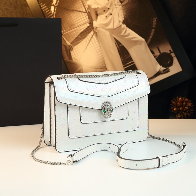 2025 New Model Genuine Leather Women's Bag, Fashionable Ostrich Pattern Small Square Bag, Chain Underarm Bag, Single Shoulder Crossbody Bag, Light Luxury Snake Head Design 2025 New Model Genuine Leather Women's Bag, Fashionable Ostrich Pattern Small Square Bag, Chain Underarm Bag, Single Shoulder Crossbody Bag, Light Luxury Snake Head Design