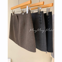 50羊毛极简侧纽扣a字半身裙秋冬女款高腰遮胯显瘦软毛呢通勤短裙