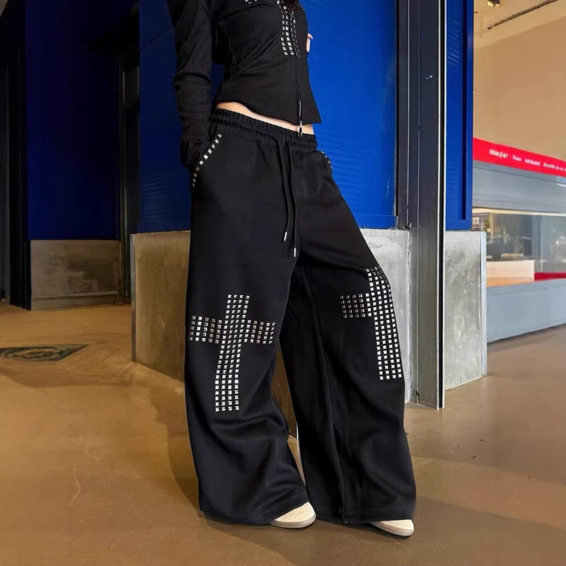 European and American Foreign Trade Cross-Border Y2K Style Trendy Dark Emo Casual Gothic Style Rhinestone Slim-Fit Casual Pants European and American Foreign Trade Cross-Border Y2K Style Trendy Dark Emo Casual Gothic Style Rhinestone Slim-Fit Casual Pants