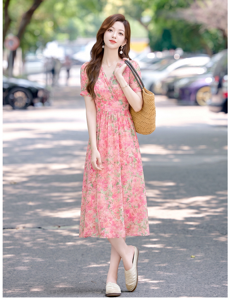 Đầm maxi nữ thắt eo họa tiết hoa nhí cổ V xếp ly tay ngắn — xanh lam, Màu hồng, màu vàng chi tiết 6