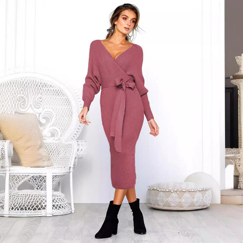 6-color hot sale autumn and winter V-neck lace long-sleeved women's dress wish elegant