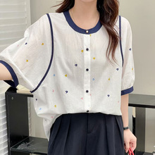 感撞色圆领短袖衬衫女夏季新款爱心波点宽松显瘦遮肚小衫衬衣