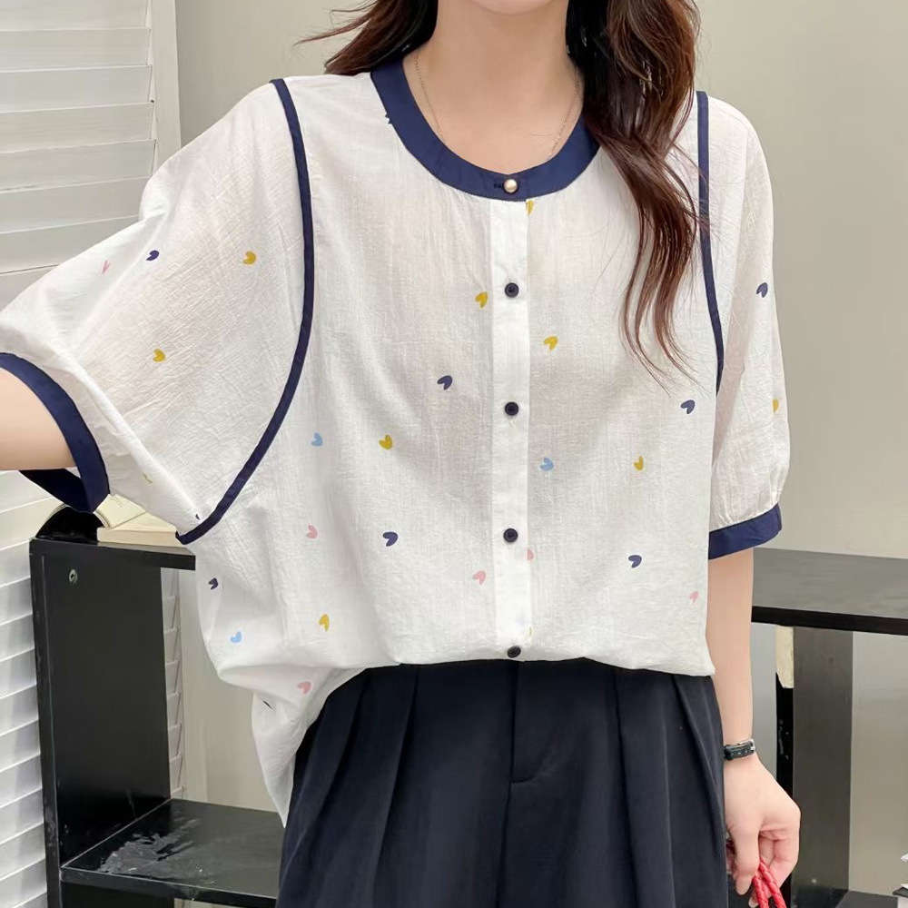 感撞色圆领短袖衬衫女夏季新款爱心波点宽松显瘦遮肚小衫衬衣