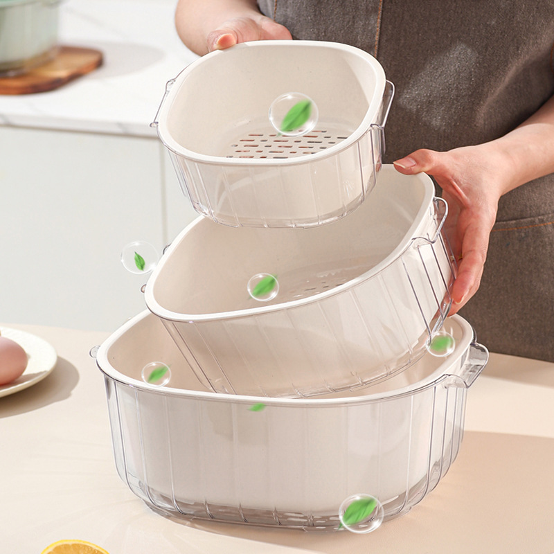 Home Kitchen Drain Basket Double-Layer Large-Capacity Fruit and Vegetable Drain Basket Enlarged and Deepened Rice Washing Basket with Handle