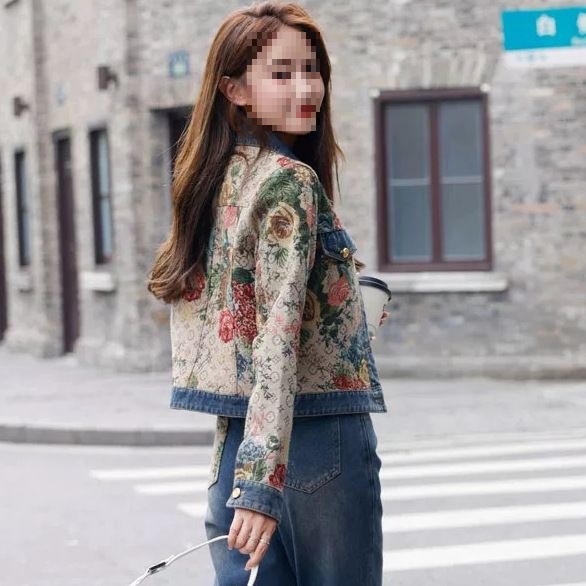 春秋新款韩版简约风复古长袖印花拼接牛仔短外套百搭小个子短款