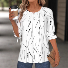 2025跨境亚马逊速卖欧美新款女装圆领中袖宽松印花衬衫女士上衣