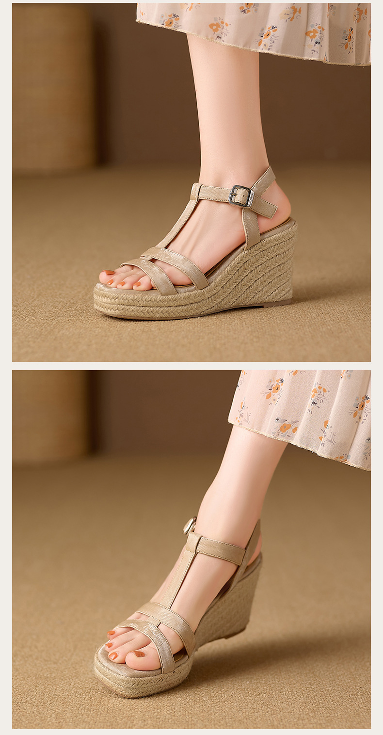 Sandal cao gót nữ hở mũi đế xuồng bện rơm, quai chữ T khóa cài, gót 9 cm — xanh lá cây, màu mơ chi tiết 10