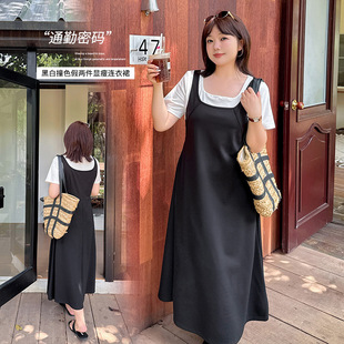 plus size Women's Black and White Contrast Color Fake Two-piece dress 2025 Summer New Cool Slimming Mid-length Dress 252572