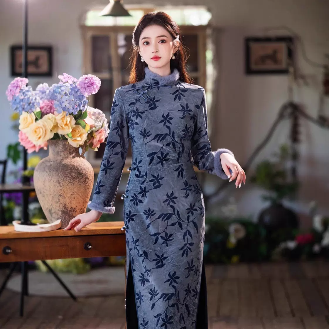 2025冬季新款扎染工艺复合超柔长款旗袍藏青色复古老上海改良旗袍