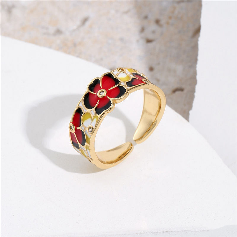 European And American Fashion Copper Micro-inlaid Zircon Jewelry New Oil Drop Flower Opening Ring Adjustable display picture 5