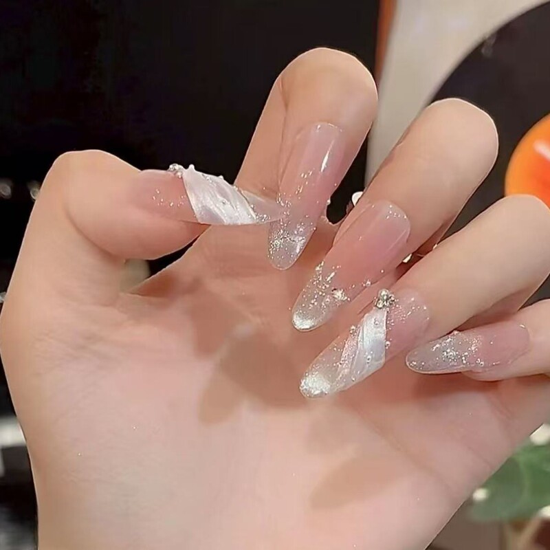 【White Moon Silver Gauze】Handmade Wearable Nails Purely Handcrafted Folding Ribbon Silk-Like New Cat Eye Nail Art Nail Tips