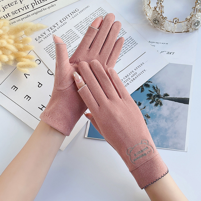 Warm gloves for women, autumn and winter, plush bear design, finger-exposing driving, picking tea, writing, elastic finger-exposing plush gloves