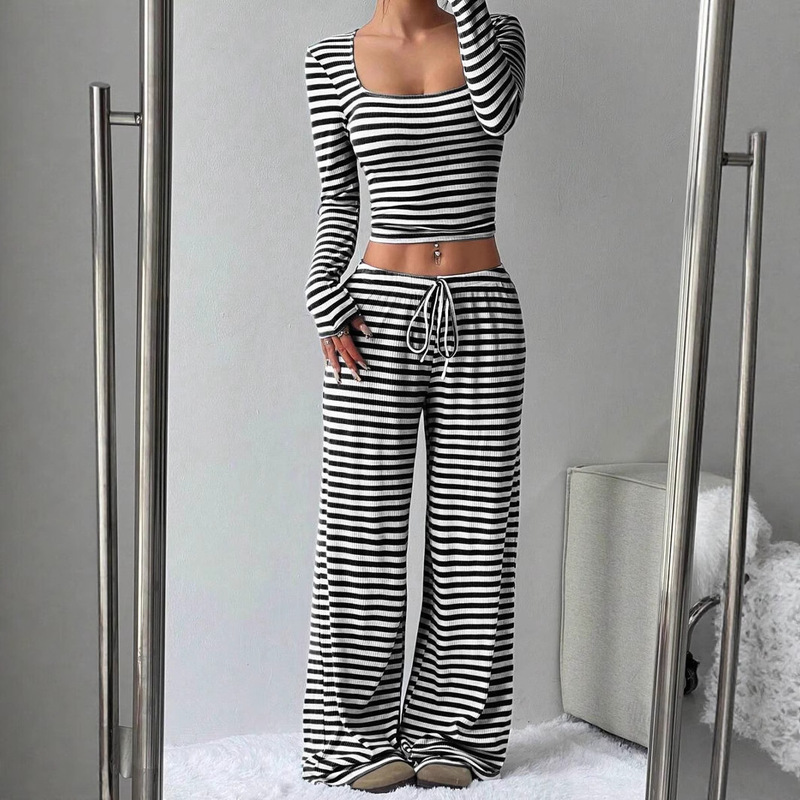 ヨーロッパとアメリカのクロスボーダーAmazon TK2025新しい女性のストライププルオーバー長袖+巾着ワイドレッグパンツスーツのリアルショット|undefined