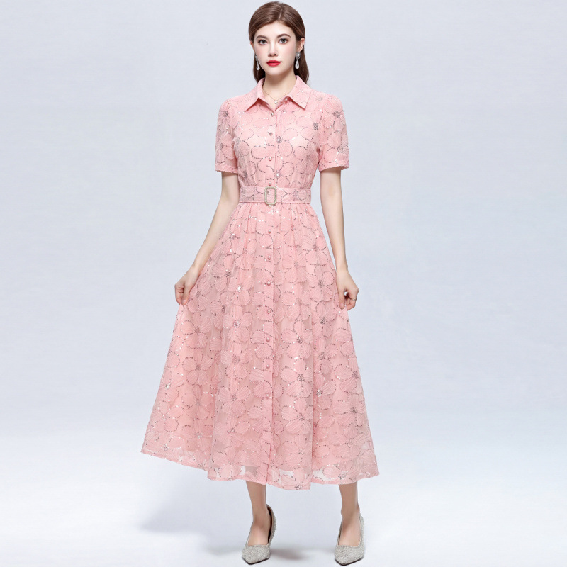 French-Style Lapel Mesh Sequin Dress for Women, New Summer Model with an Elegant and High-End Feel, Waist-Cinching A-Line Long Dress Gown French-Style Lapel Mesh Sequin Dress for Women, New Summer Model with an Elegant and High-End Feel, Waist-Cinching A-Line Long Dress Gown