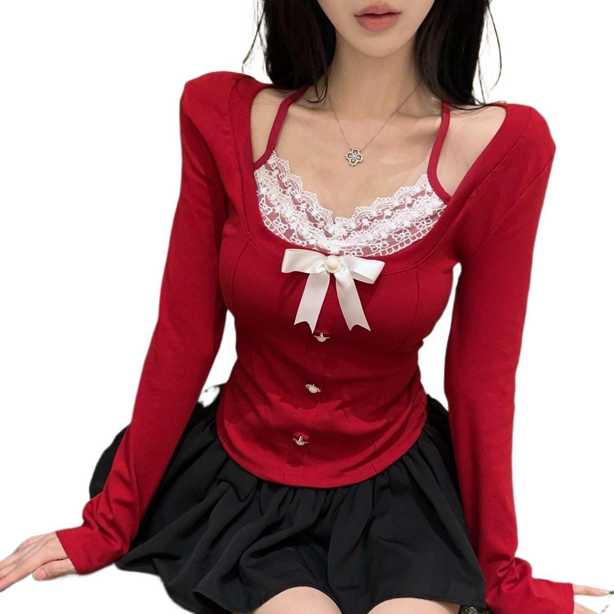 프렌치 퓨어 레드 레이스 더블 롱 티셔츠 여자 가을 겨울 한국계 아가씨 쇼