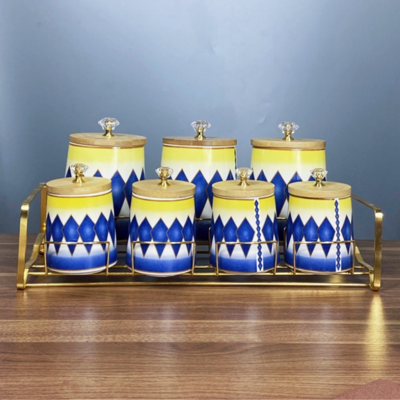 Comercio exterior exportación de cerámica de lujo ligera condimento cocina cubierta de madera condimento caja de cuentas superior conjunto de comercio con estante de contenedor