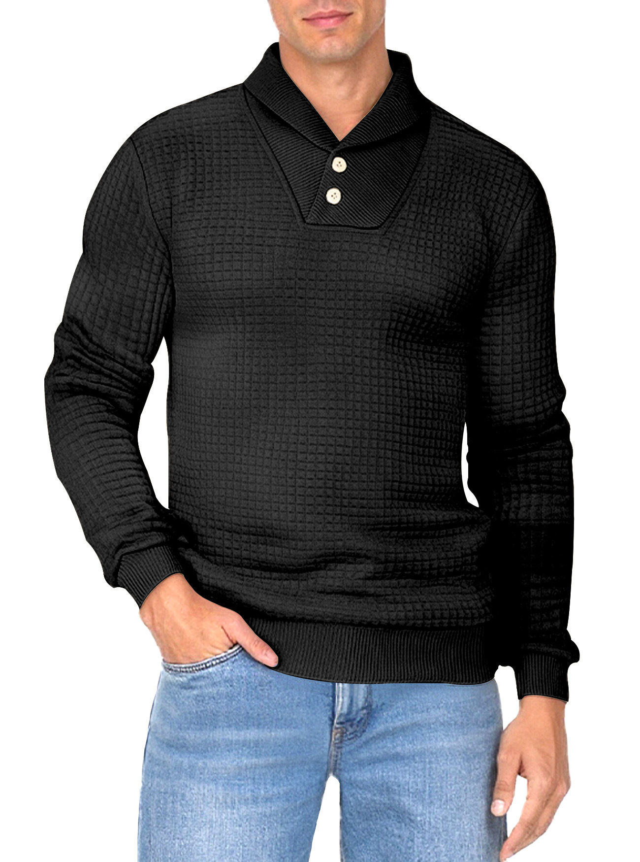 Transfronterizo Europa y América Amazon nuevo hombre pequeño cuadrado Jacquard botón de solapa Waffle camiseta casual de manga larga para hombre
