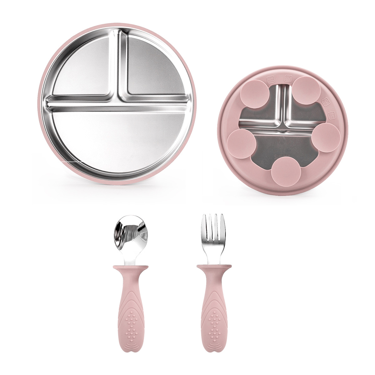 Plato de comedor de silicona de acero inoxidable 304, juego de tazón de arroz con aislamiento térmico para niños de grado alimenticio, cuchara de tenedor, tazón de sopa grueso, anti-caída y anti-escaldado