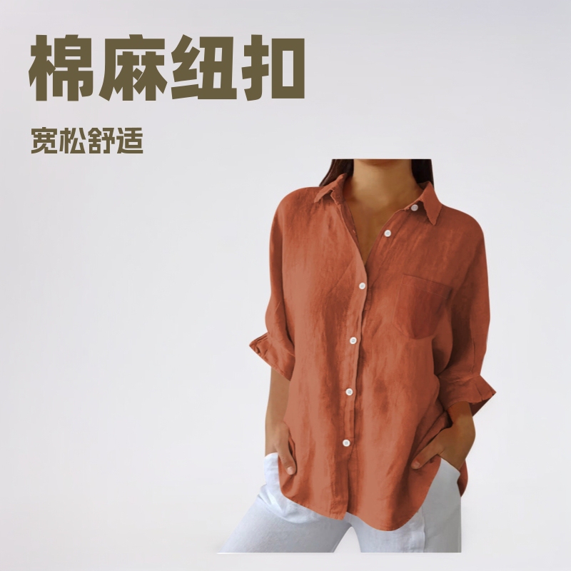 2026 European and American Amazon Spring New Women's Cotton and Linen Button Pocket Shirt Jacket T-Shirt Home Casual Wear