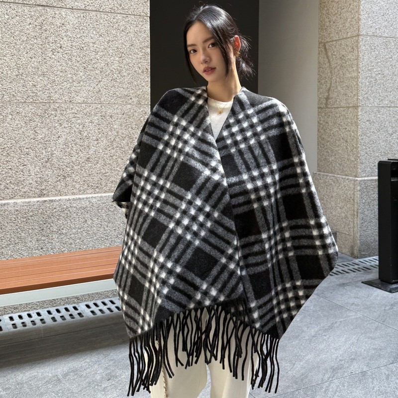 欧美秋冬季条纹格纹流苏斗篷披肩女旅游拍照外搭围巾开衫空调披肩|undefined